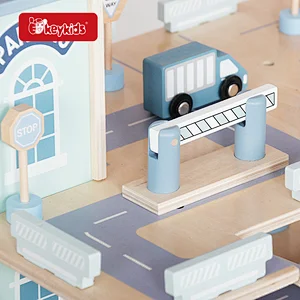 Wooden Multi-Level Parking Garage Toy Set with Sliding Ramps, Elevator, Traffic Signs, Die-Cast Cars for Kids City Play W04B160